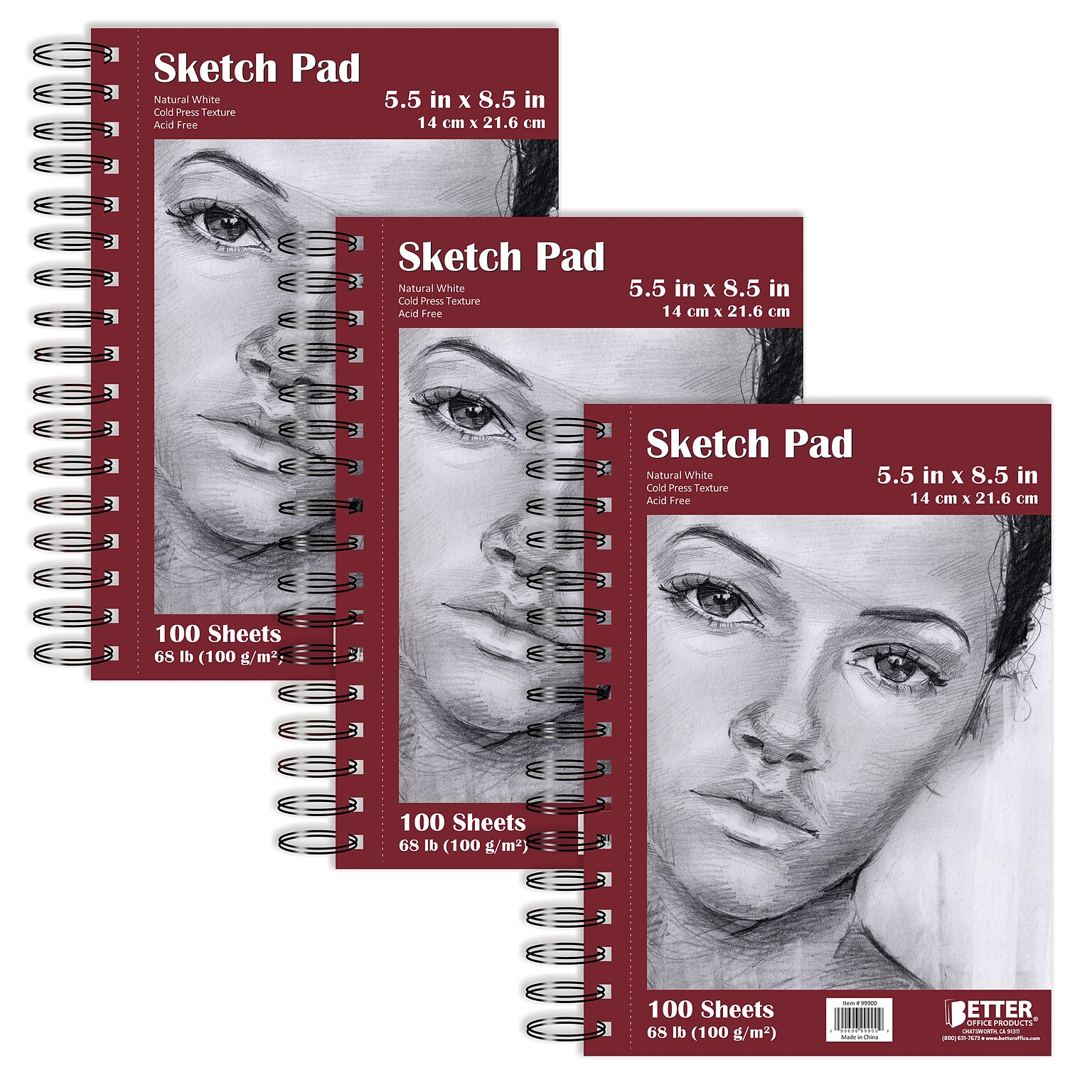 Better Office Products Spiral Bound Artist Sketch Book, 5.5 x 8.5, 100 Sheets Per Pad, Natural White, 3-Pack (01300-3PK)