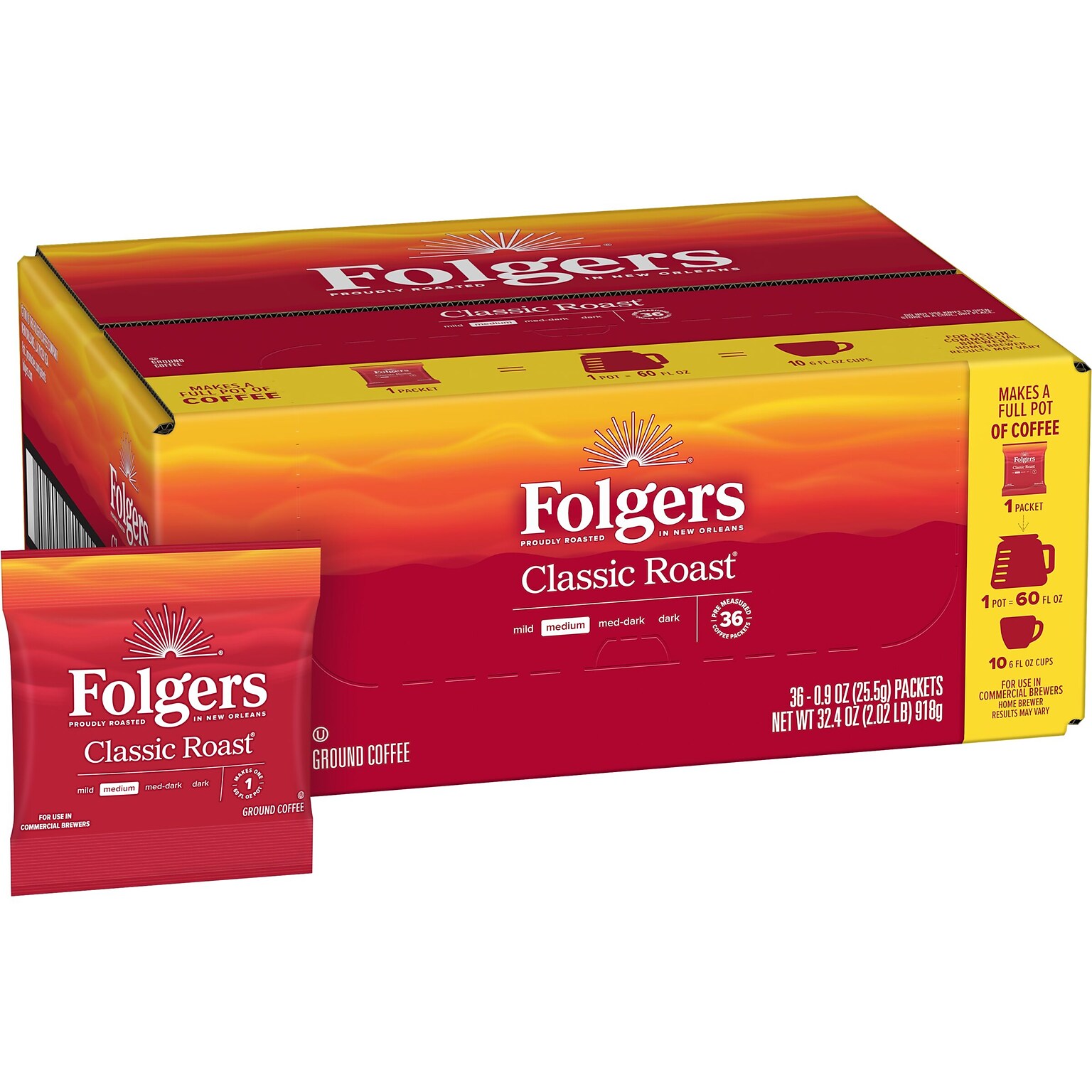 Folgers Classic Roast Ground Coffee Fraction Pack, Medium Roast, 0.9 oz., 36/Carton (SMU06125)