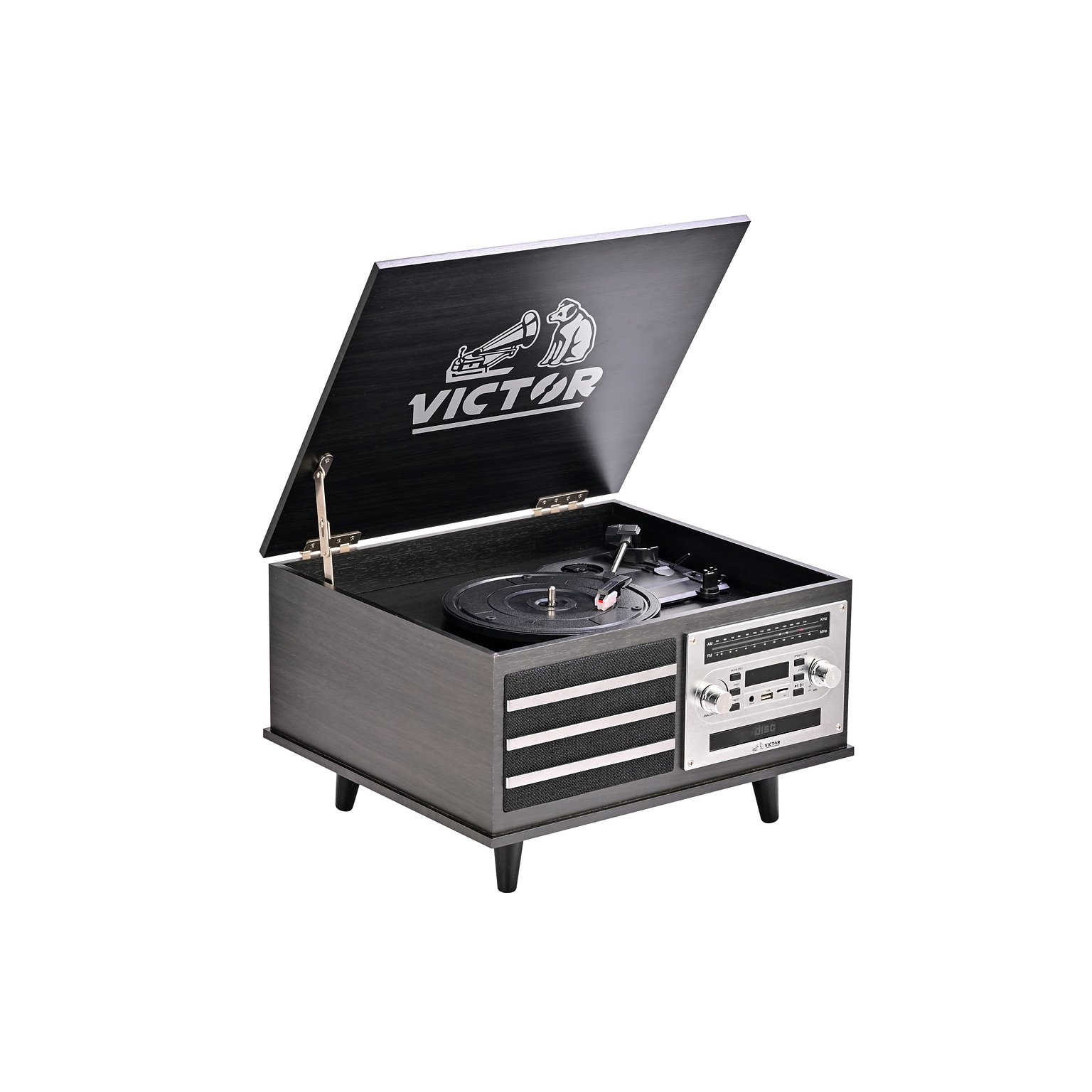 Victor Monroe Retro 8-in-1 Turntable Record Player and Entertainment Center with Bluetooth and Built in Speakers, Graphite