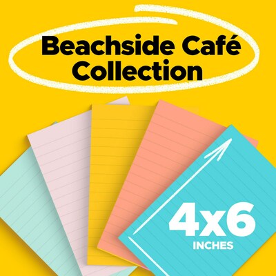 Post-it Notes, 4 x 6, Beachside Café Collection, Lined, 100 Sheet/Pad, 5 Pads/Pack (6605PKAST)