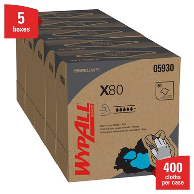 WypAll PowerClean X80 Cloths, 8.34 x 16.8, Red, 80 Sheets/Box, 5 Boxes/Carton (05930)