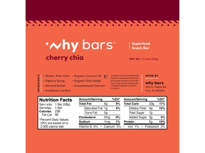 Why Bars Gluten-Free Cherry Chia Superfood Energy Bar, 2.04 oz., 12 Bars/Box (WB4)