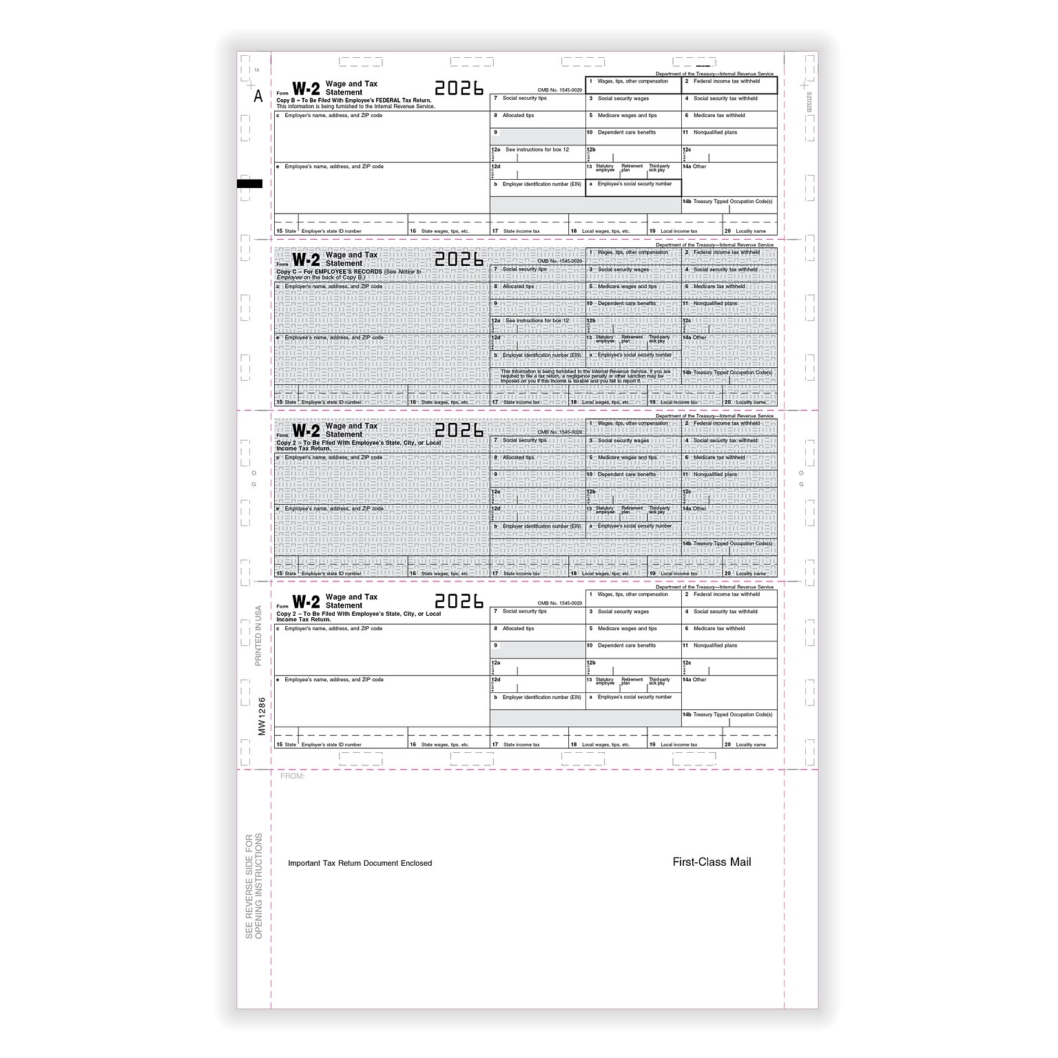 ComplyRight 2026 W-2 Tax Form, Employee Copy B, C, 2, 2, 4-Up (Horizontal), EZ-Fold Simplex, 14, 500/Pack (5228B)