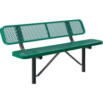 Global Industrial 6 Outdoor Steel Bench w/ Backrest, Expanded Metal, In Ground Mount, Green (277154