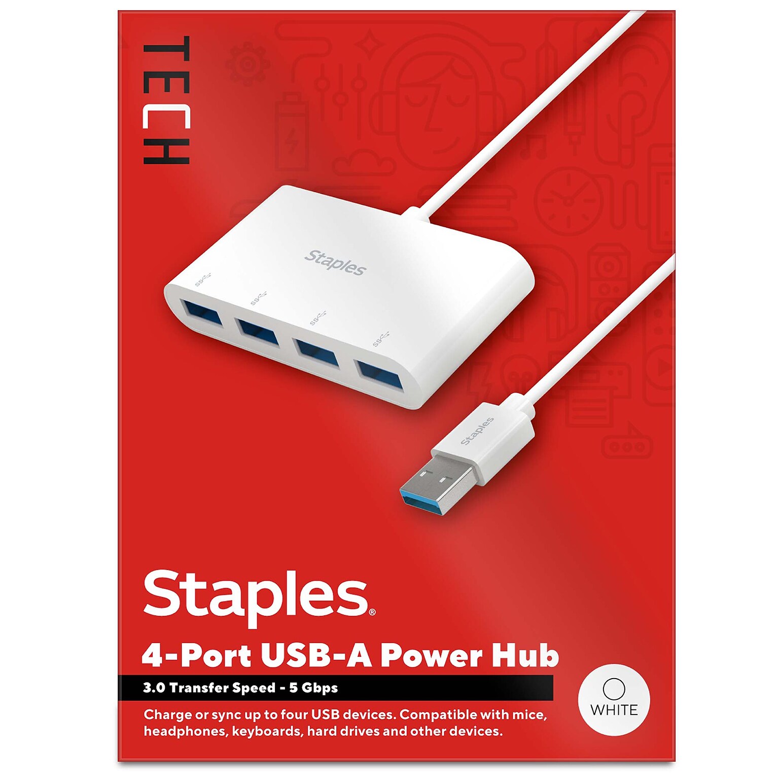 Staples TECH 4-Port USB 3.0 Hub, White (ST62380)