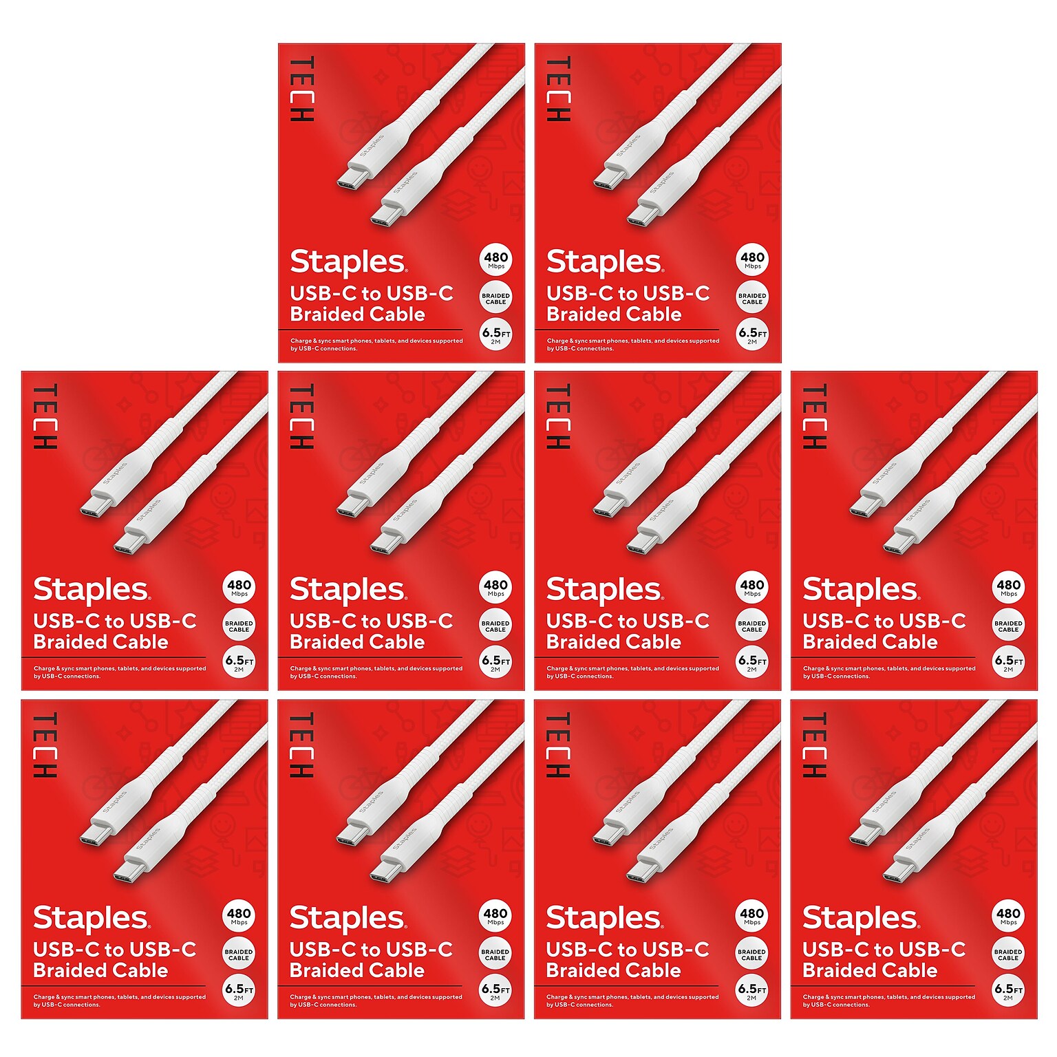 10 Pack- Staples TECH USB-C to USB-C Charging Cable, 6.5 ft., White (ST62335)