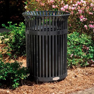 Global Industrial Outdoor Heavy-Duty Slatted Steel Trash Can, 36 Gallon, Black (641629BK)