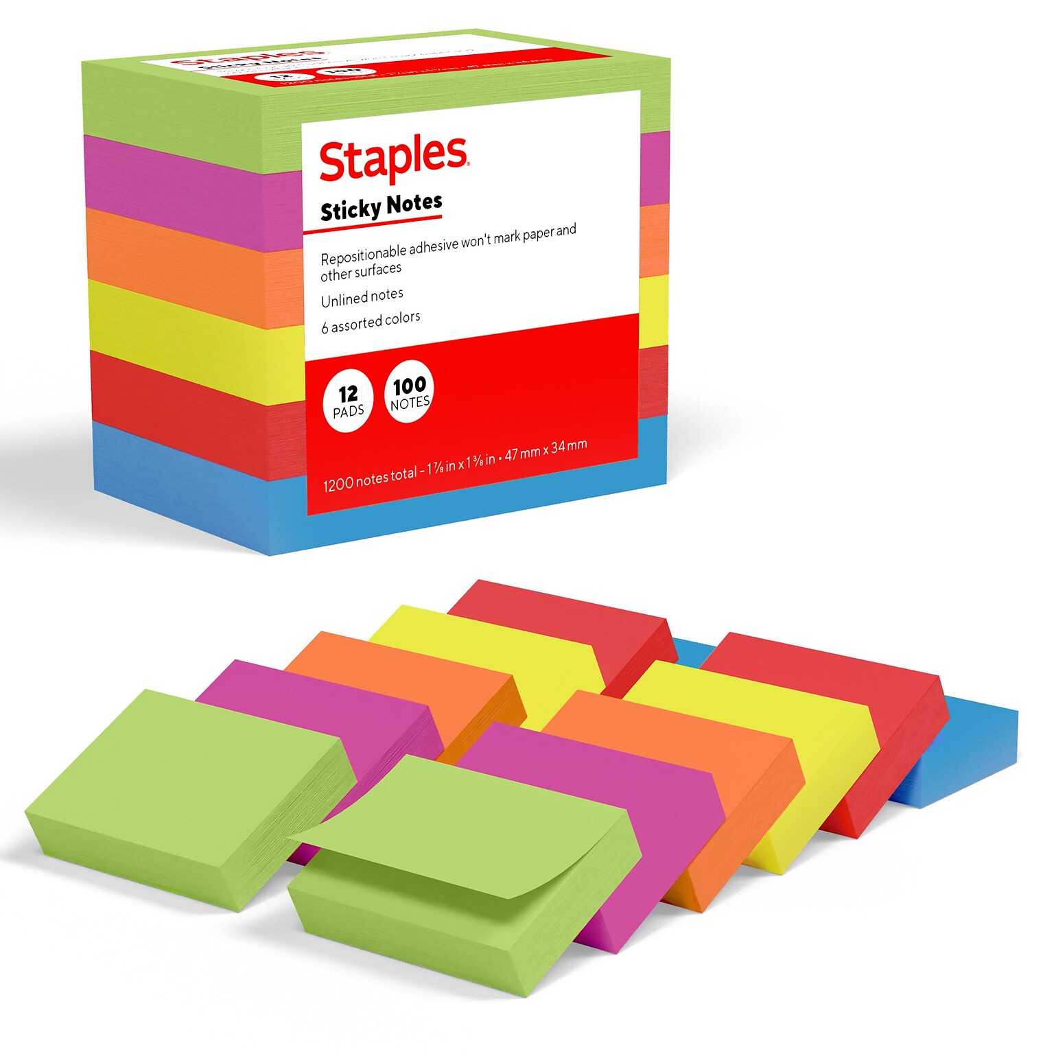 Staples Sticky Notes, 1 3/8 x 1 7/8, Summer Breeze Collection, 100 Sheets/Pad, 12 Pads/Pack (ST62862)
