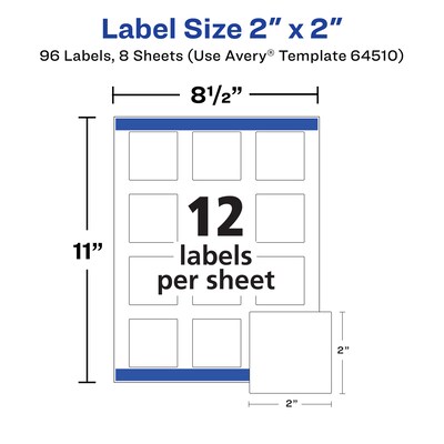 Avery Waterproof Laser/Pigment-Inkjet Square Labels, 2" x 2", Glossy White, 96 Labels/Pack (64510)