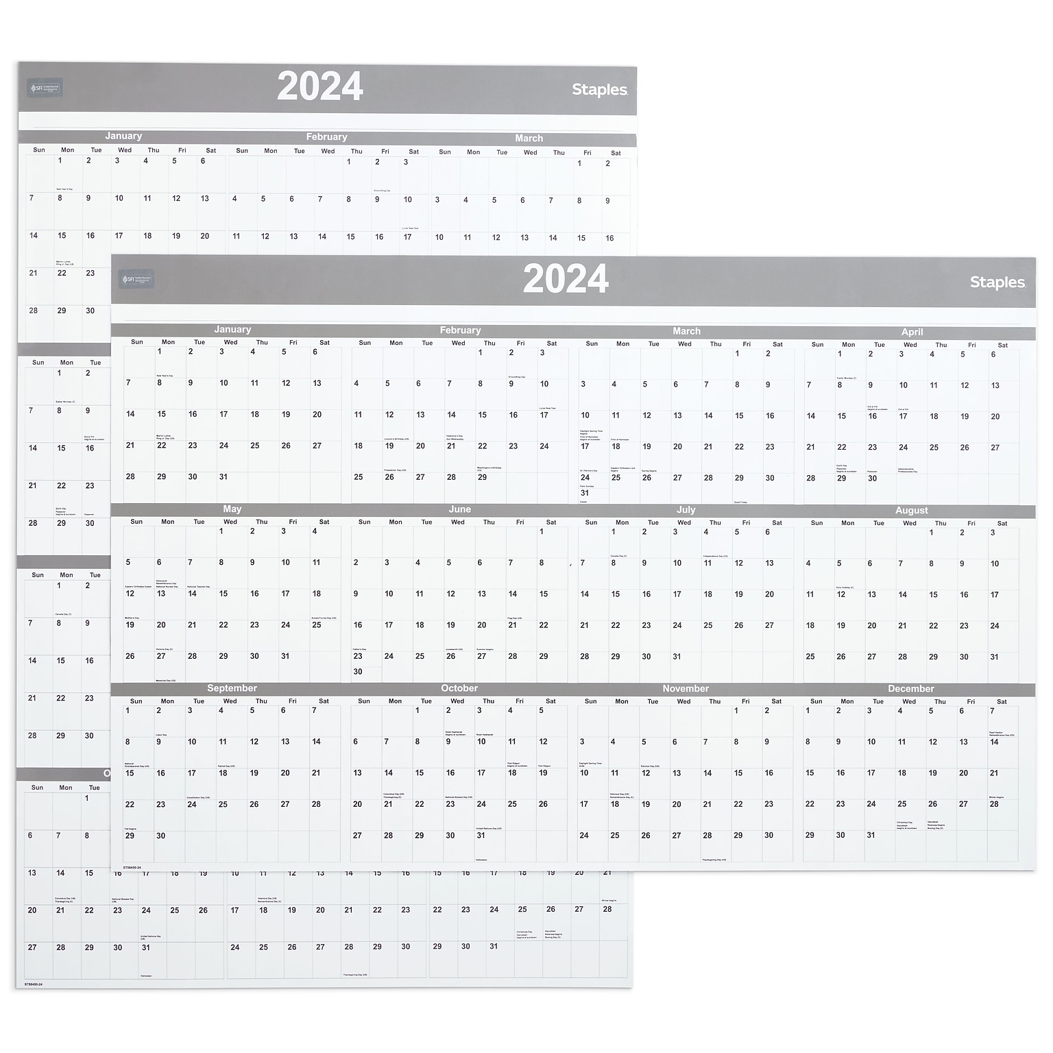 2024 Staples 48 x 32 Dry Erase Wall Calendar, Gray/White (ST58450-24)