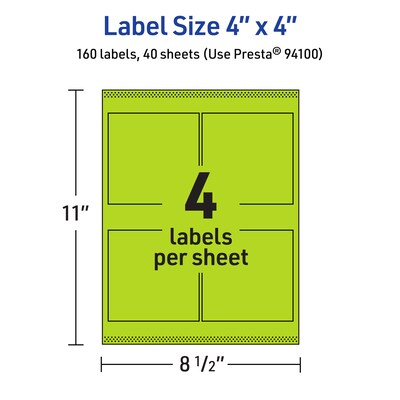 Avery Laser/Inkjet Multipurpose Square Labels, 4" x 4", Bright Green, 160/Pack (94100)