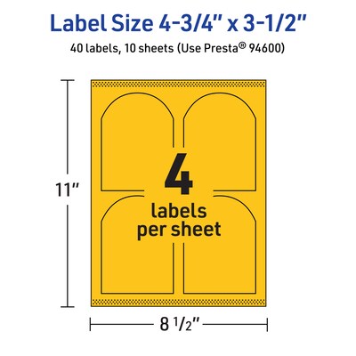 Avery Laser/Inkjet Arched Multipurpose Labels, 4.75" x 3.5", Bright Yellow, 40/Pack (94600)