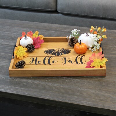 Elegant Designs "Hello Fall" Decorative Wood Serving Tray w/ Handles, 15.50" x 12", Natural Wood (HG2000-NHF)