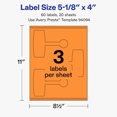 Avery Laser/Inkjet Multipurpose Labels, 5-1/8" x 4", Bright Orange, 60 Labels/Pack (19479370721)