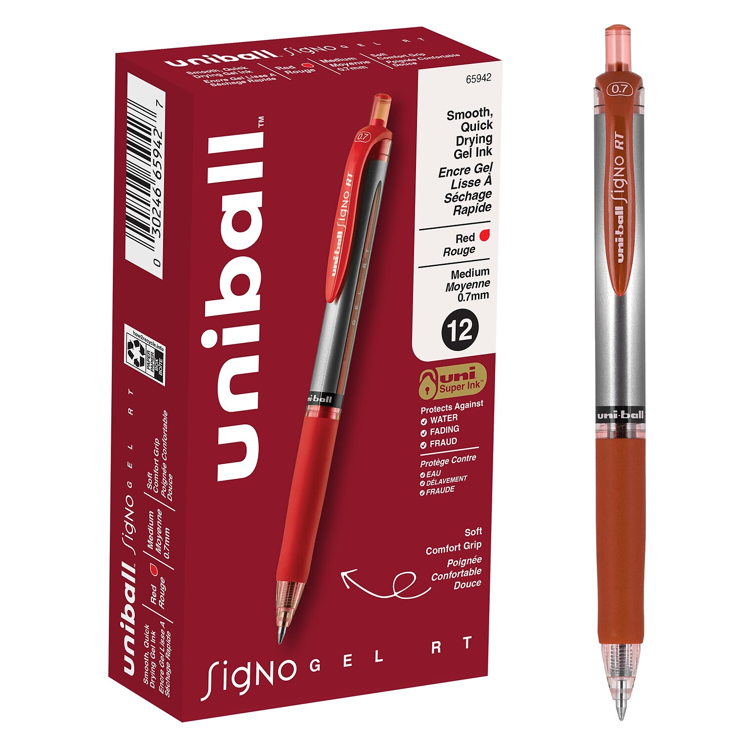 uni-ball Signo RT Gel Pens, Medium Point, 0.7mm, Red Ink, Dozen (65942)