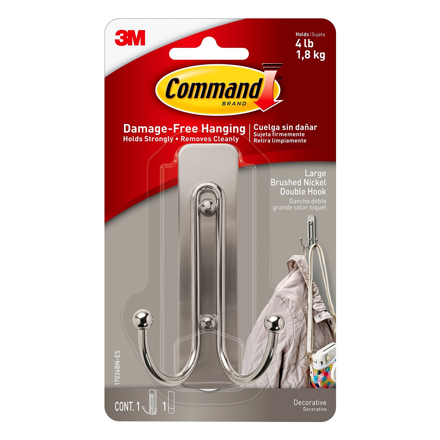 Command Large Hook, 4 lb., Brushed Nickel (17036BN-ES)