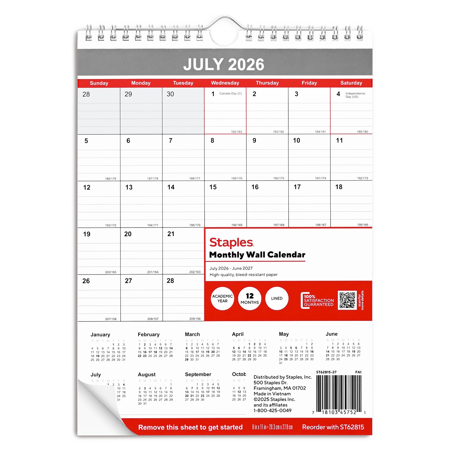 2026-2027 Staples 8 x 11 Academic Monthly Wall Calendar, White/Red/Gray (ST62815-27)