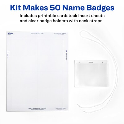 Avery Hanging Style Laser/Inkjet Name Badge Kit, 3 x 4, Clear Holders with White Inserts, 100/Box