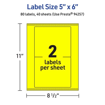 Avery Rectangle Multipurpose Labels, 5" x 6", Neon Yellow, 80/Pack (94257)