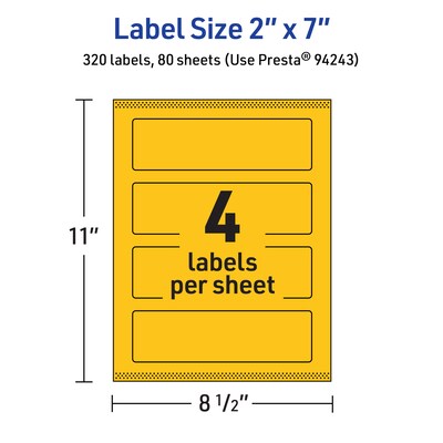 Avery Laser/Inkjet Rectangle Multipurpose Labels, 2" x 7", Bright Yellow, 320/Box (94243)