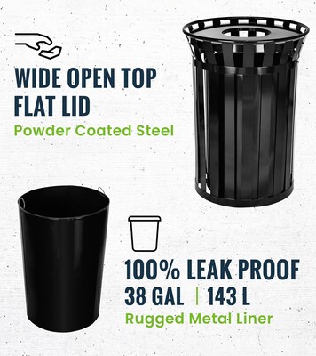 Alpine Industries Metal Outdoor Trash Can with Flat Lid and Liner, 38 Gallon, Black (479-38)