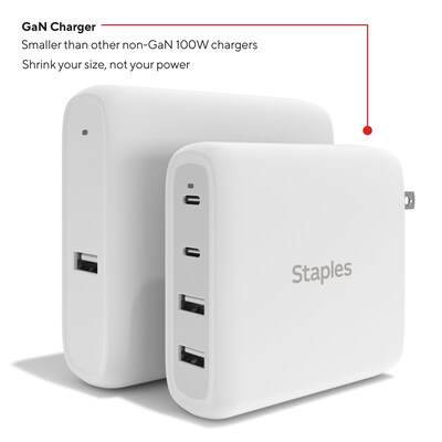 Staples TECH GaN USB-A/USB-C Wall Charger with Cable, 100W, White (ST62314)