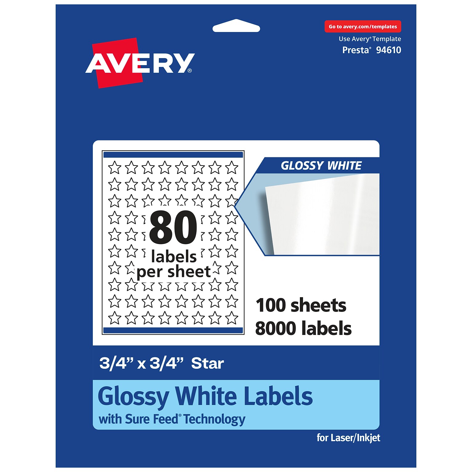 Avery Laser/Inkjet Multipurpose StarLabels, 0.75 Dia, Glossy White, 8000/Box (94610)