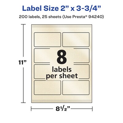 Avery Pearlized Ivory Rectangle Multipurpose Labels, 2" x 3.75", Ivory, 200/Pack (94240)