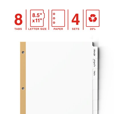 Staples Large Tab Write-On Dividers, 8-Tab Set, White, 4/pack