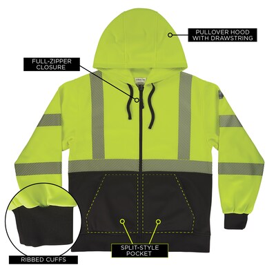 Ergodyne GloWear 8318BK High Visibility Long Sleeve Black Bottom Hooded Zip-Up Sweatshirt, ANSI Type R Class 3, Lime, 4XL