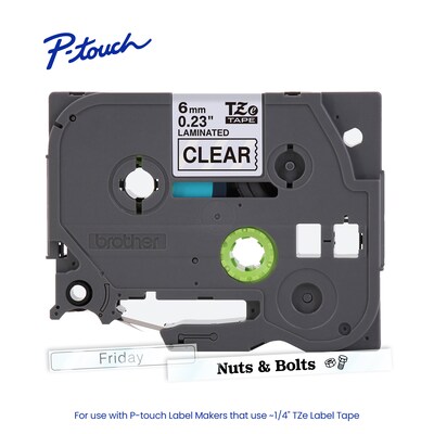 Brother P-touch Laminated Label Tape, 1/4" x 26.2', Black on Clear (TZe111)