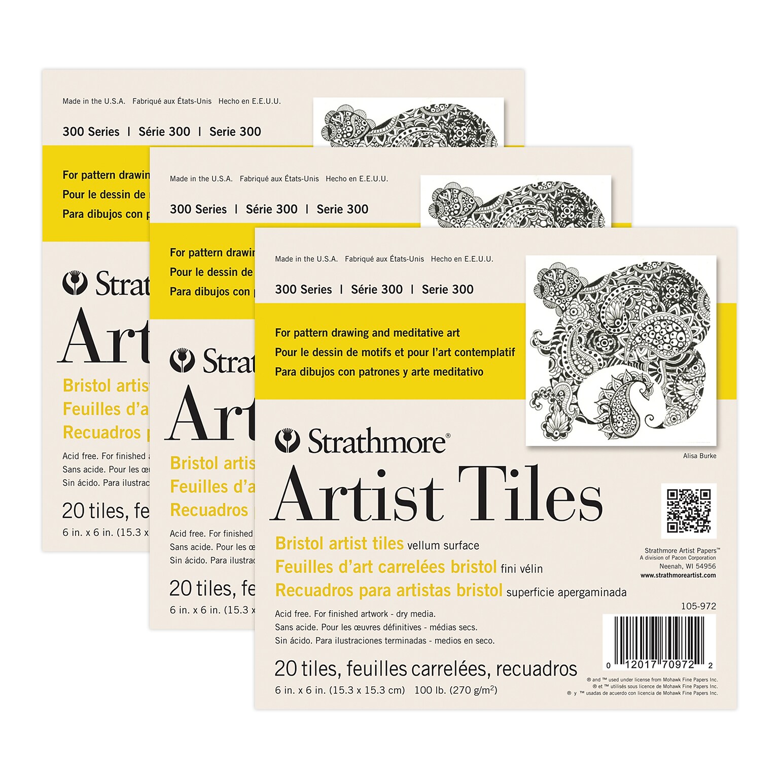Strathmore 300 Series 6 x 6 Bristol Artist Tiles, 20 Sheets/Pad, 3/Bundle (STTP1059721-3)