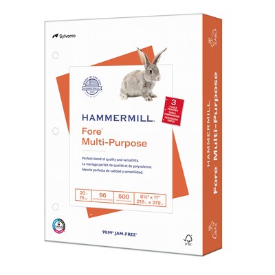 Hammermill Fore 8.5" x 11", 3-Hole Punched Multipurpose Paper, 20 lbs., 96 Brightness, 500 Sheets/Ream (103275)