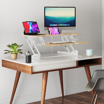 Mount-It! 38"W Rectangular Adjustable Mixed Materials Standing Desk Converter, Maple Woodgrain (MI-15007)