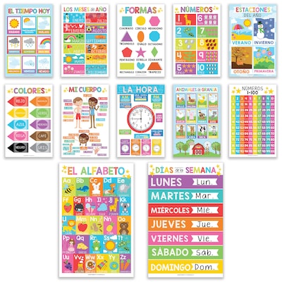 Hadley Designs 17 x 11  Colorful Spanish Preschool Educational Posters, Laminated, 12/Set (HDDX004