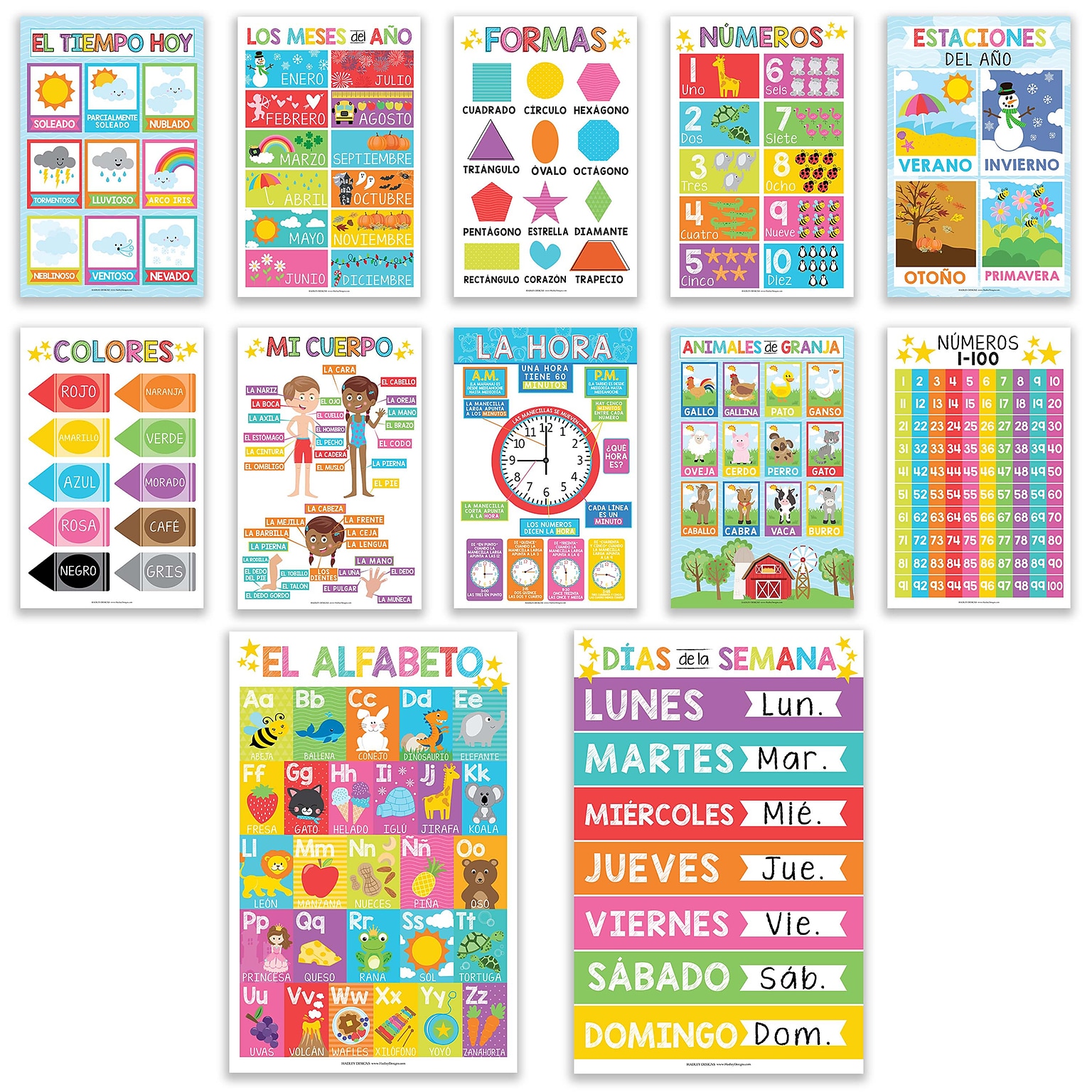 Hadley Designs 17 x 11  Colorful Spanish Preschool Educational Posters, Laminated, 12/Set (HDDX004AH66RV)