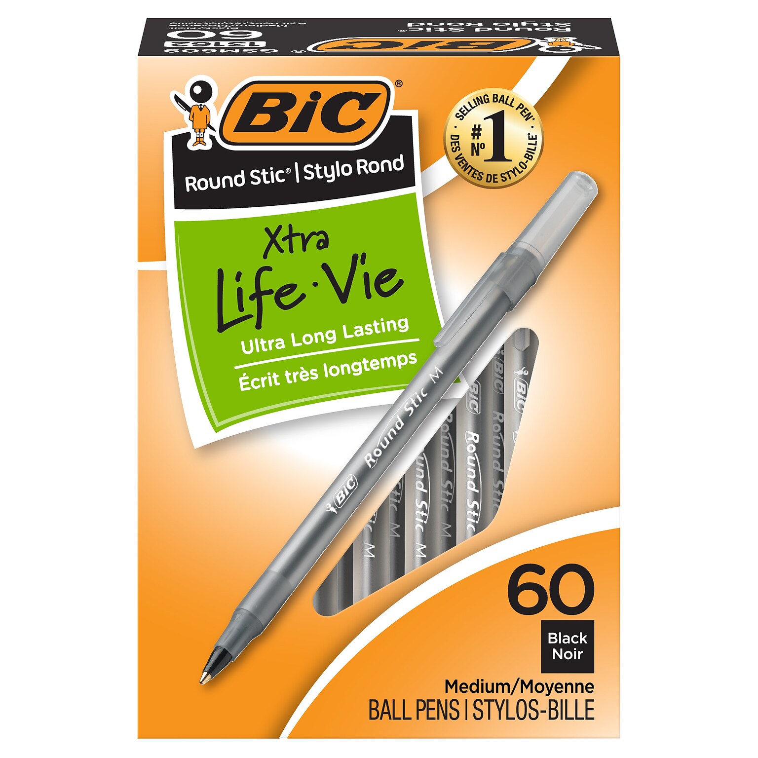 BIC Round Stic Xtra-Life Ballpoint Pens, Medium Point, 1.0mm, Black Ink, 60/Pack (GSM609-BLK)