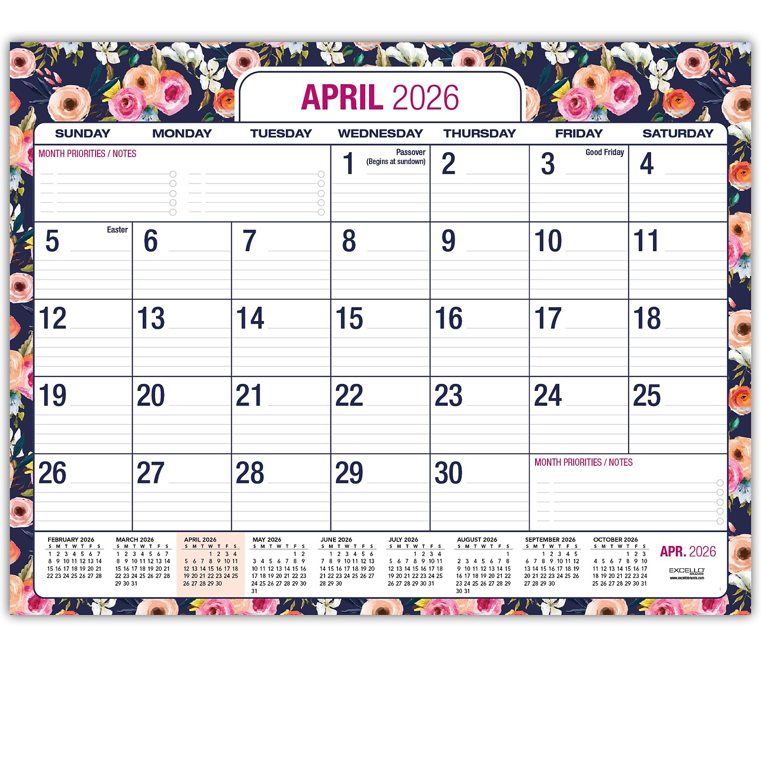 2026-2027 Excello Brands Large Print  22 x 17 Academic Monthly Desk Pad Calendar, Navy Floral (DP-AY26-2217-84)