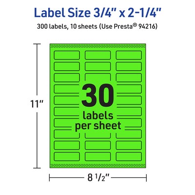 Avery Laser/Inkjet Multipurpose Rectangle Labels, 0.75" x 2.25", Neon Green, 300/Pack (94216)