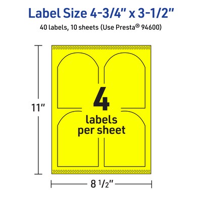 Avery Arched Laser/Inkjet Multipurpose Labels, 4.75" x 3.5", Neon Yellow (40/Pack)