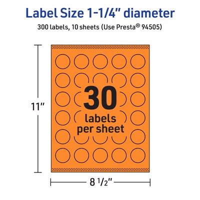 Avery Laser/Inkjet Multipurpose Circle Labels, 1.25" Dia., Bright Orange, 300/Pack (94505)