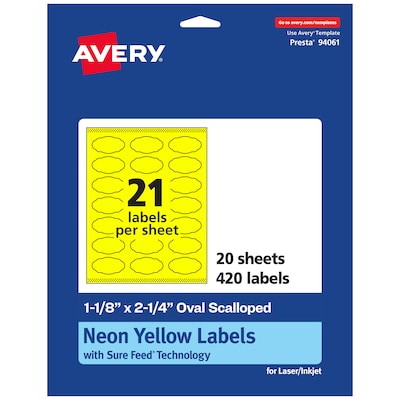 Avery Oval Scalloped Laser/Inkjet Multipurpose Labels, 1-1/8 x 2-1/4, Neon Yellow (420/Pack)