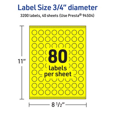 Avery Laser/Inkjet Multipurpose Circle Labels, 0.75" Dia., Neon Yellow, 3200/Pack (94504)