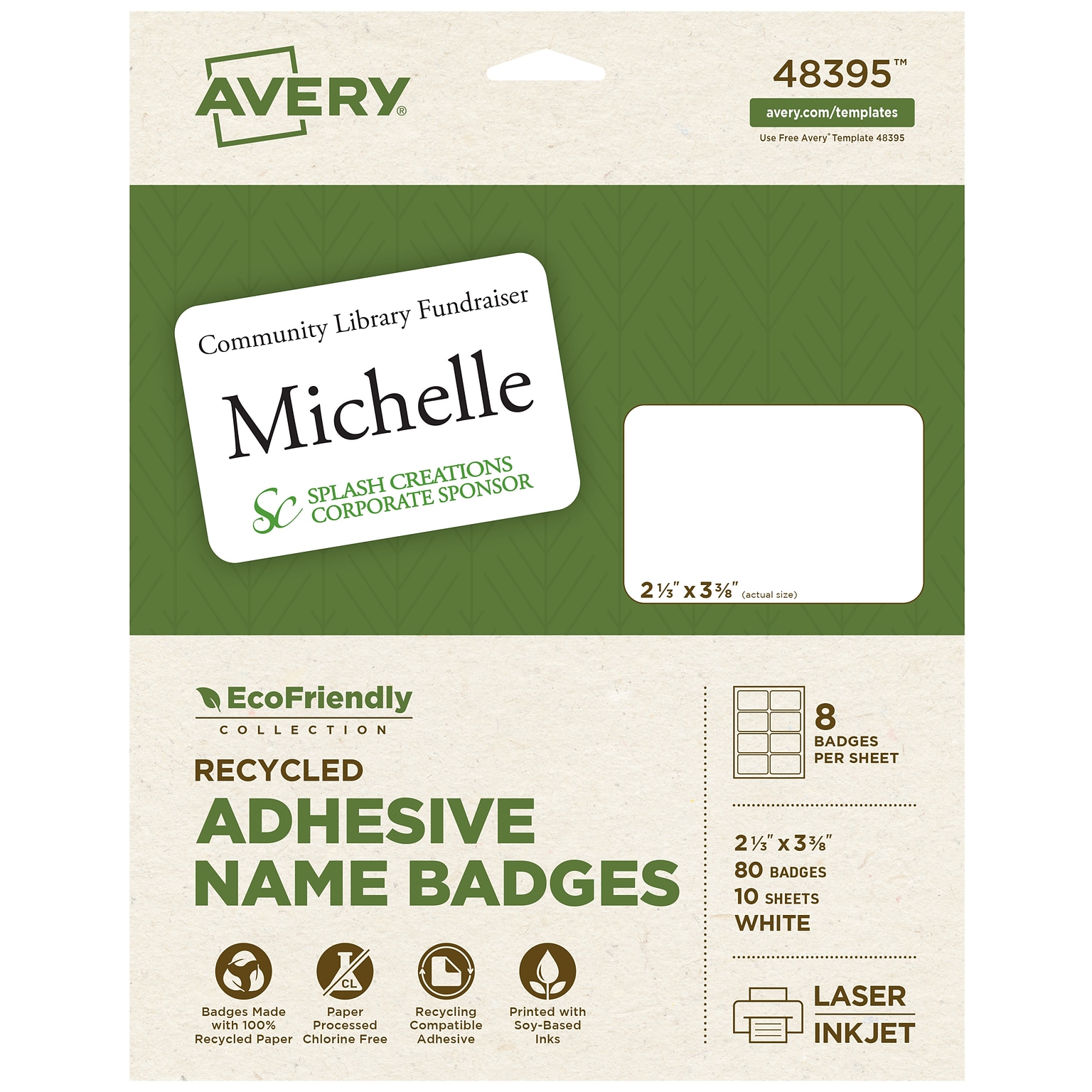 Avery EcoFriendly Laser/Inkjet Removable Name Tags, 2 1/3 x 3 3/8, White, 10 Sheets/Pack, 80 Labels/Pack (48395)