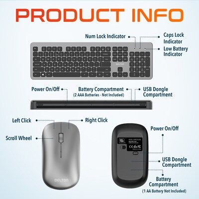 Delton K100 Wireless Slim Computer Keyboard and Mouse Combo, Silver (DKML100-WB)