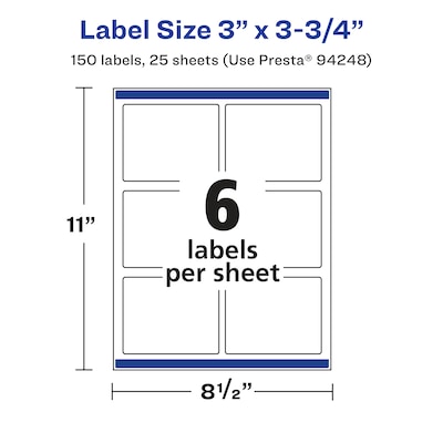 Avery Laser/Inkjet Multipurpose Labels, White, 6 Labels/Sheet, 25 Sheets/Pack (94248-WMF25)