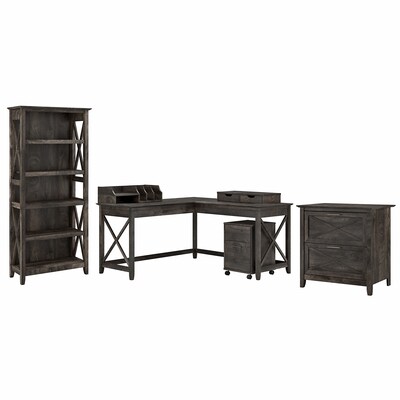 Bush Furniture Key West 60 L-Shaped Desk with File Cabinets, Bookcase, and Desktop Organizers, Dark Gray Hickory (KWS018GH)