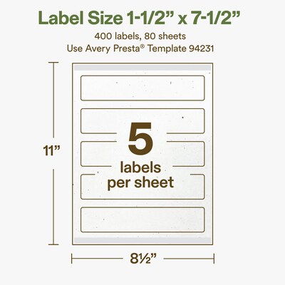 Avery Hemp Rectangle Laser/Inkjet Multipurpose Labels, 1-1/2" x 7-1/2", Off-White (400/Box)