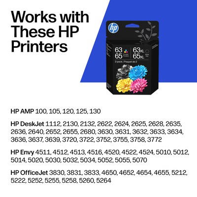 HP 63/65 XL Black High Yield and Tri-Color Standard Yield Ink Cartridge, 2/Pack (B87FDAN)