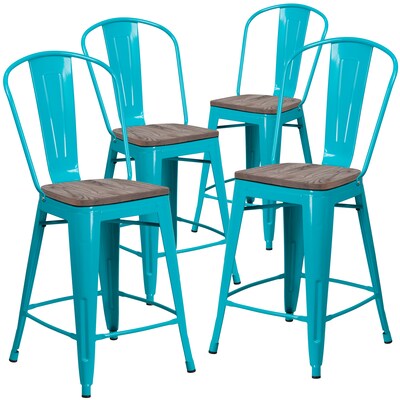 Flash Furniture Blake Contemporary Metal Vertical Back Counter Height Stool, Crystal Teal-Blue, 4-Pieces/Pack (4ET353424CBW)